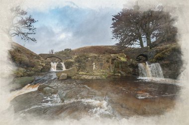 İngiltere 'nin Peak District Ulusal Parkı' ndaki Three Shire Heads 'in kış suluboya dijital tablosu..