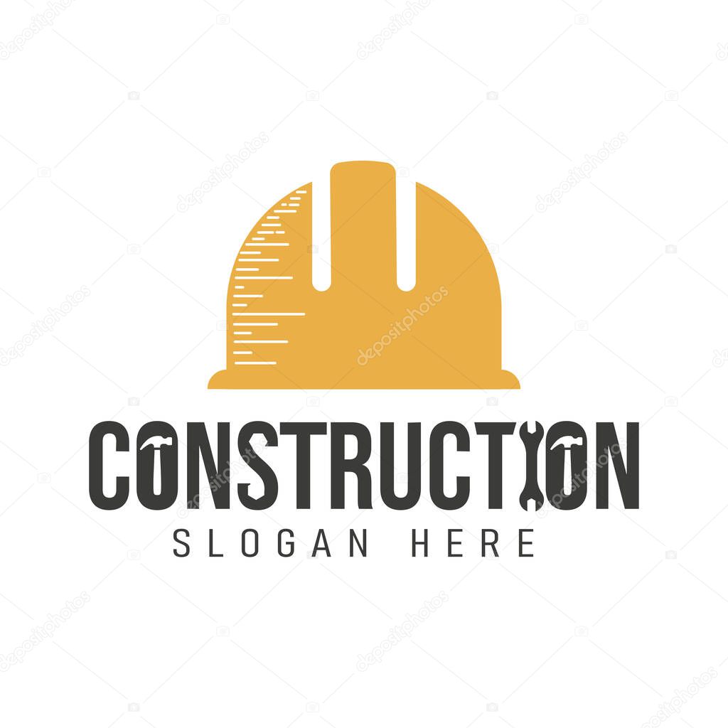 Construction logo in helmet construction symbol shaped word sign style with hammer, key, bolt elements.