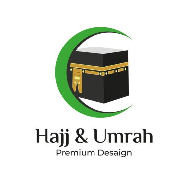 Mekke Al Haj Mübarek seyahat logosu tasarımı. Arap hükümetinin politikası atalarımızın fedakarlıklarını hatırlar. Kabe simgesi, yarım ay sembolü.
