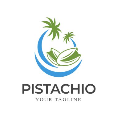Deniz ve palmiye ağacı sembollü fıstık, logo şablonu. Kabuklu fıstık tohumları, vektör tasarımı. Vejetaryen ve organik, doğal gıda ve beslenme, tasarım illüstrasyonu