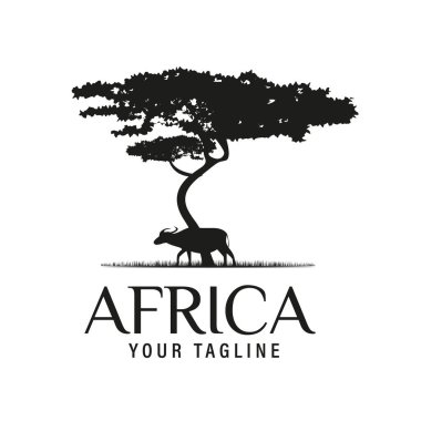 Safari Macera Logosu Tasarım Vektörü Afrikalı Bufalo Silueti ile Afrika Akasya Ağacı