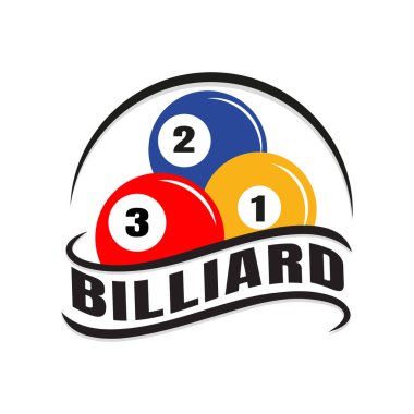 Bilardo şampiyonası rozet tasarımı logosu ve basit metin, bilardo salonu veya bilardo kulübü ve takım, bilardo topu siyahı, bilardo topu kırmızısı, bilardo topu sarısı, ikon, sembol, şablon