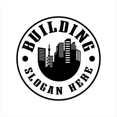 Urban Buildings Vektör Logo Tasarımı Retro Vintage gayrimenkul vektör çizimi, siyah siluet dekoratif etiket