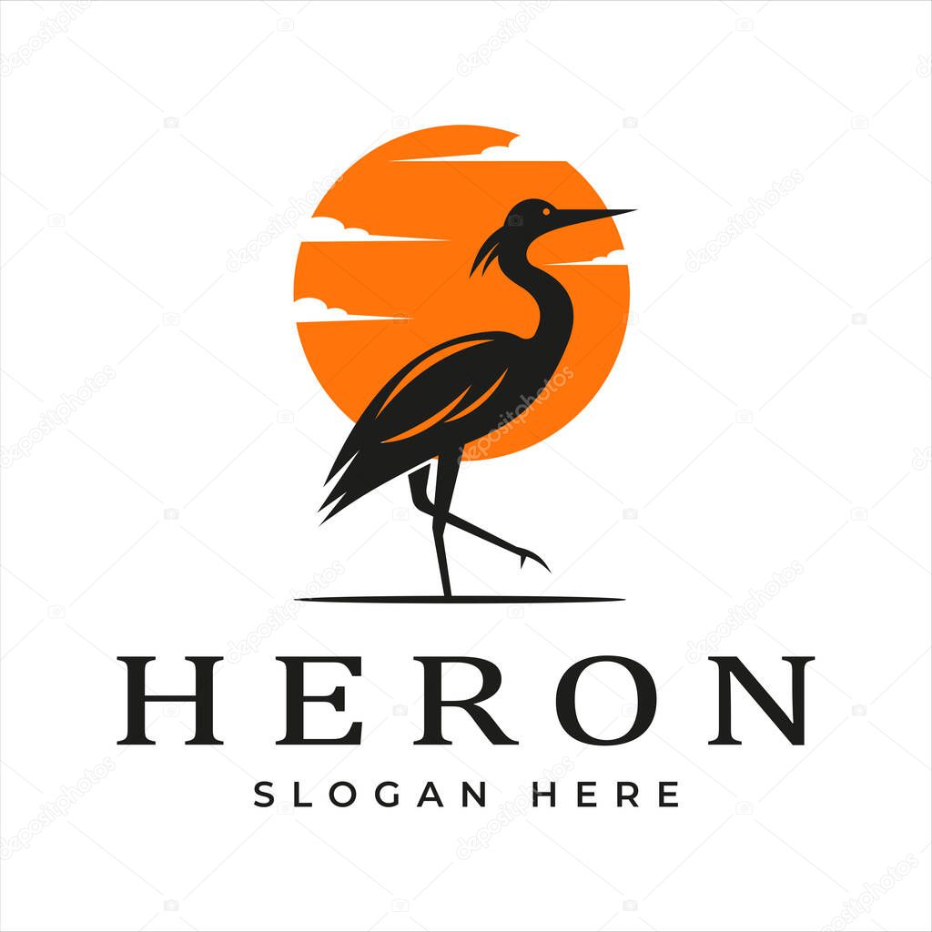 Illustration of a crane standing under the moon with a beautiful sky filled with soft light. heron logo design