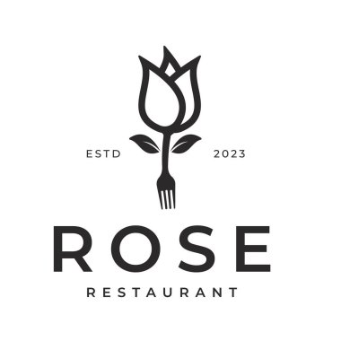Çatal ve Restoran Logosu Tasarımlı Gül Çiçeği İlhamı Retro Logo Çizimi İllüstrasyonu