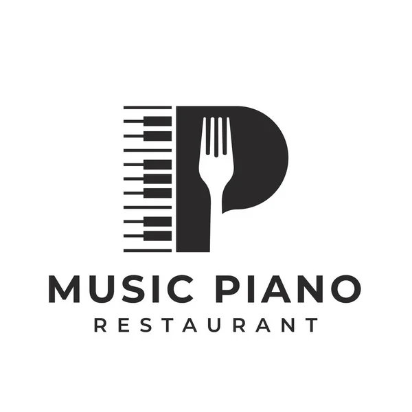 Lettera Logo Strumento Pianoforte Suonare Musica Con Utensile Cucina Forchetta — Vettoriale Stock
