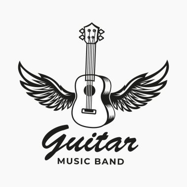 Klasik Retro Gitar Kanatları Müzik Logosu Tasarım Vektörü. Akustik gitar logosu. Müzik dükkanı vintage grunge tarzı şablon tasarım ögesi