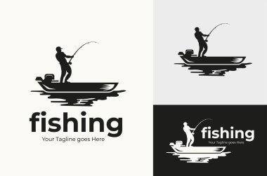 Vintage Retro Illustration Silhouette of a Man Fishing on a Lake Fishing Boat Fishing Vector Design clipart