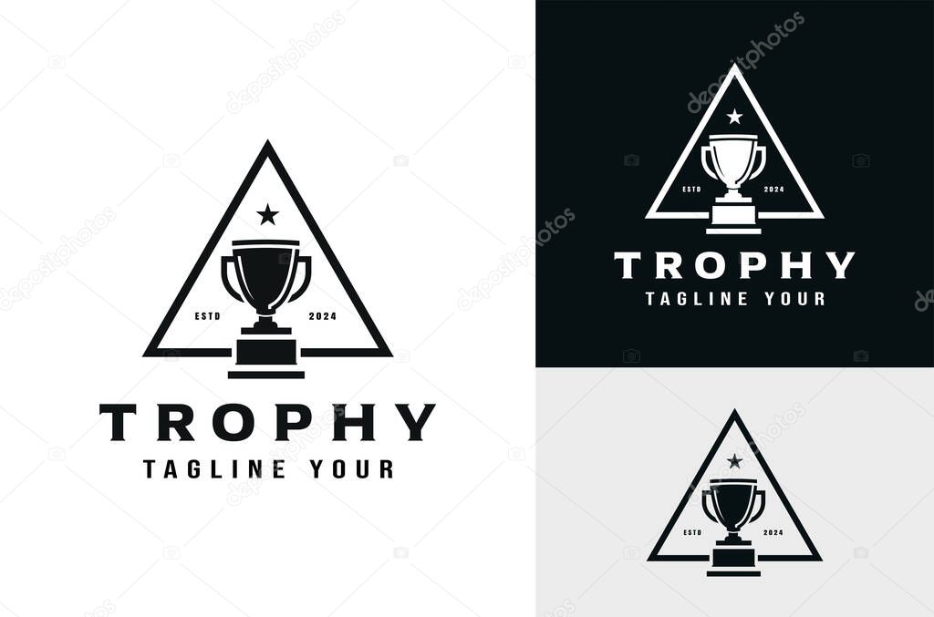 Championship Trophy with Simple Triangle Label Design behind Trophy, Winning Symbol Award Place icon on Dark and White Background
