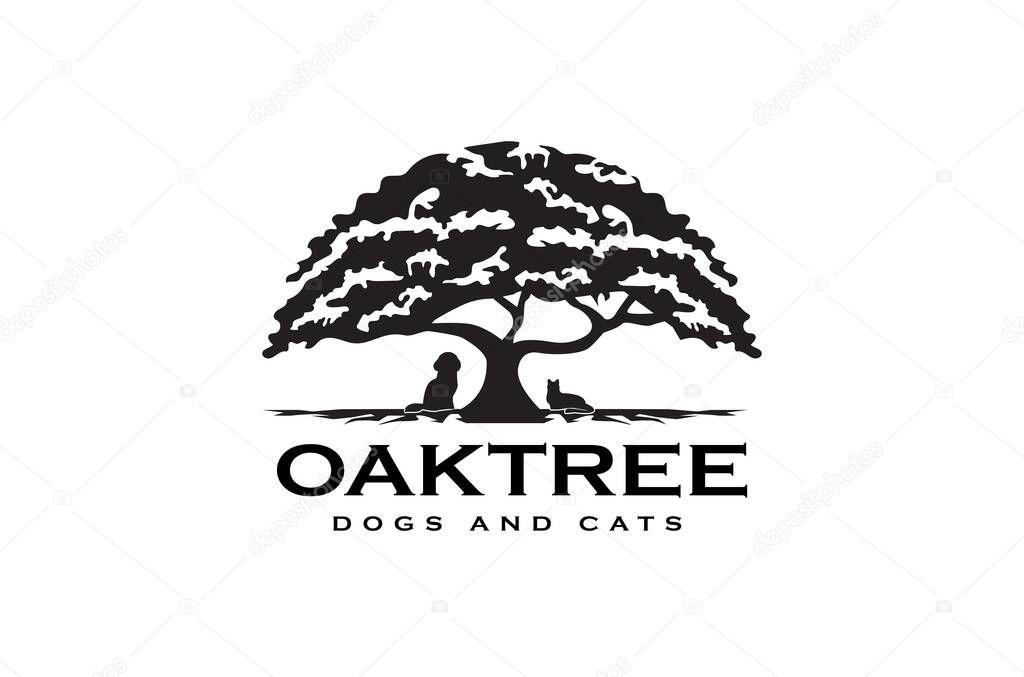 Oak Tree Logo Design Featuring Dog and Cat Silhouettes for Pet Grooming Businesses