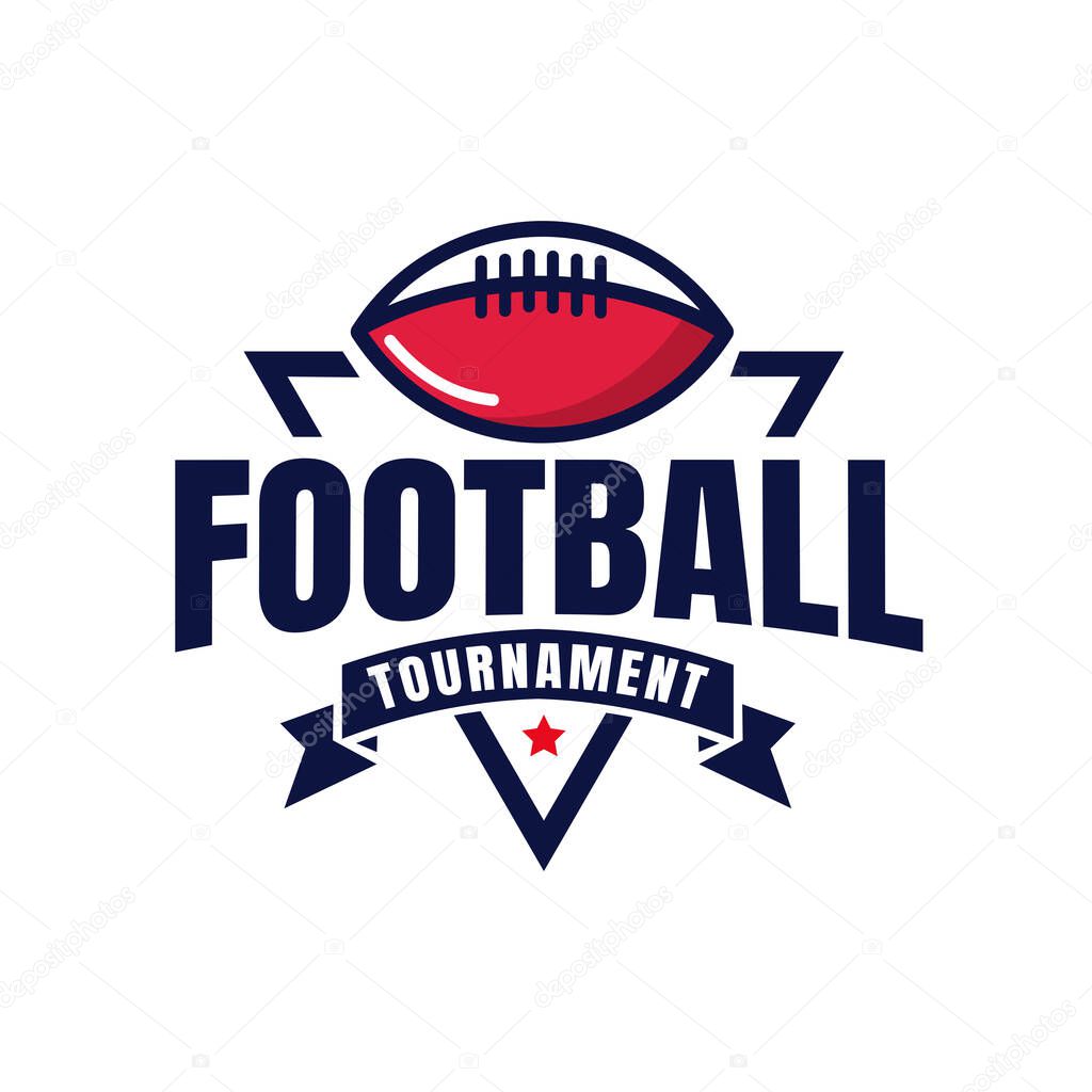 Modern design logo main elements of red American football ball, triangle shape and ribbon with red star at the bottom