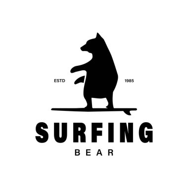 Vahşi doğa macerası Retro Vintage Logosu 'nda sörf yapan bir ayının silueti