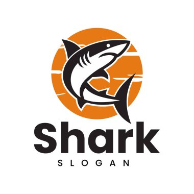 Güneş arkaplan simgesinde köpekbalığı logosunun vektör vintage retro siluet çizimi