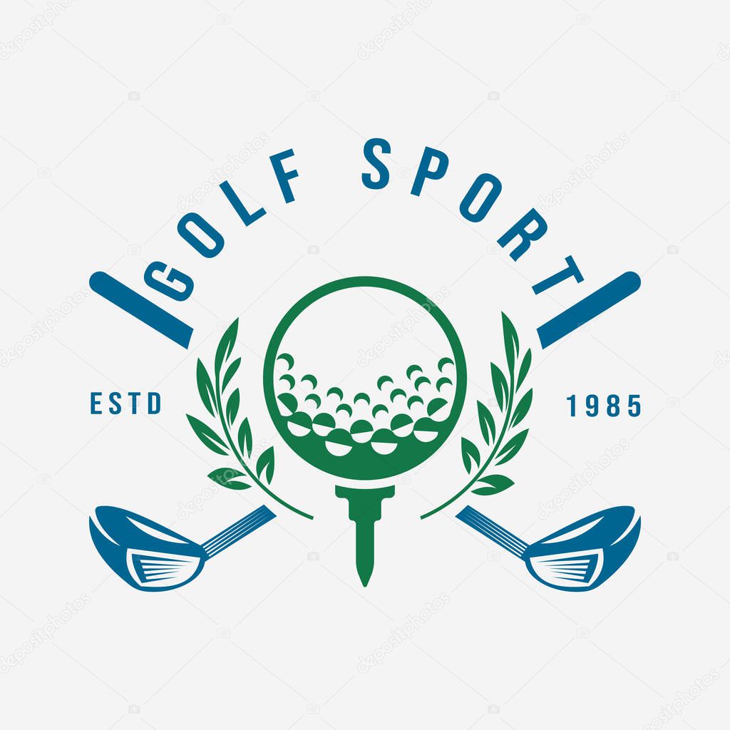 Retro Vintage Golf Emblem Design with Leaf Elements and Golf Tools Professional Golf Ball and Club Symbol Vector Illustration
