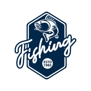 Büyük balıkların Elementlerle sıçrayışının tasviri Kalkan çerçeveli bir balıkçılık logosu tasarımı vektörü şeklinde