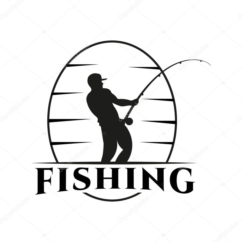 A fisherman with a fishing rod pulling a fish, . The silhouette of a fisherman with an oval background. This logo is designed for fishing events or activities.