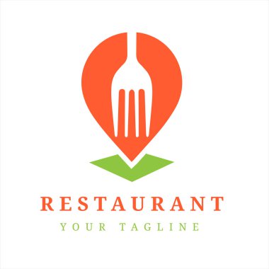 Lokal pin sembolüne entegre çatal tasarımlı eşsiz restoran logosu, aşçılık işi, gıda uygulaması veya modern restoran için uygun.