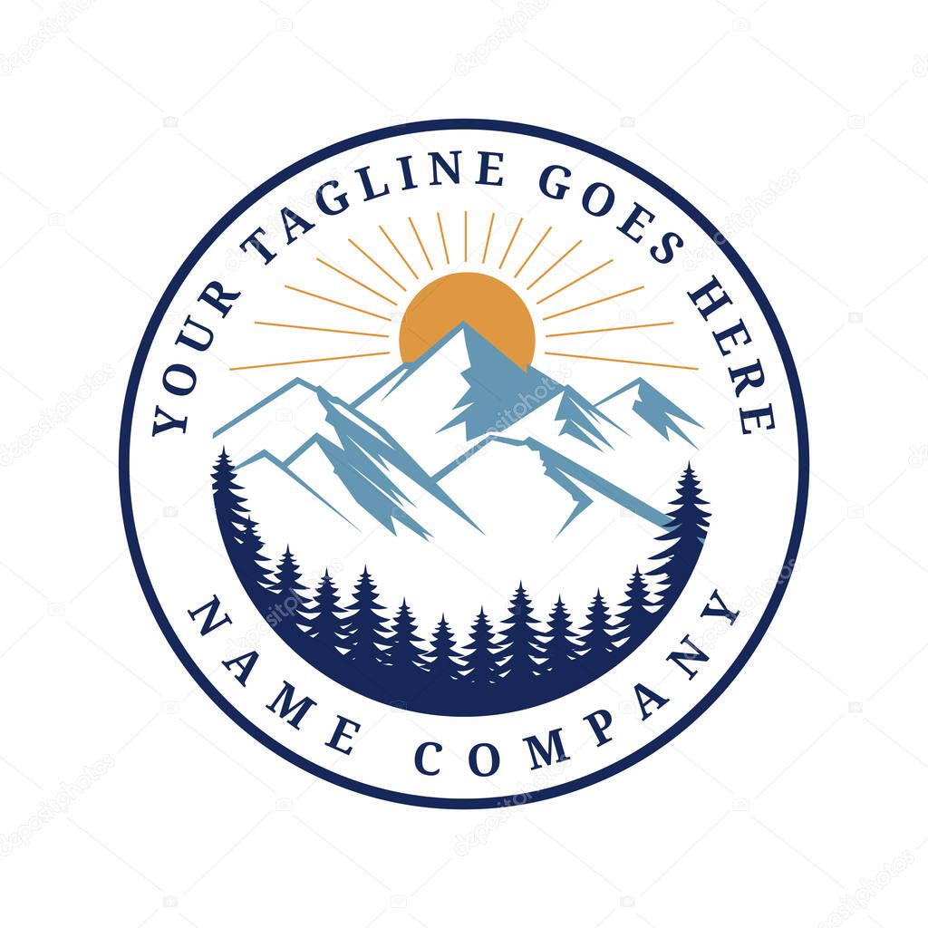 Mountains and Sunrise Vector Logo Classic Circle Design Outdoor Illustration Design
