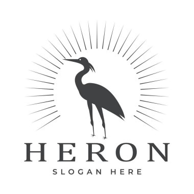 Güneş ışınları Vintage Tarzı ile Crane Bird. Pelikan, Flamingo, Vektör Amblem Tasarımı. Şablon resimleme