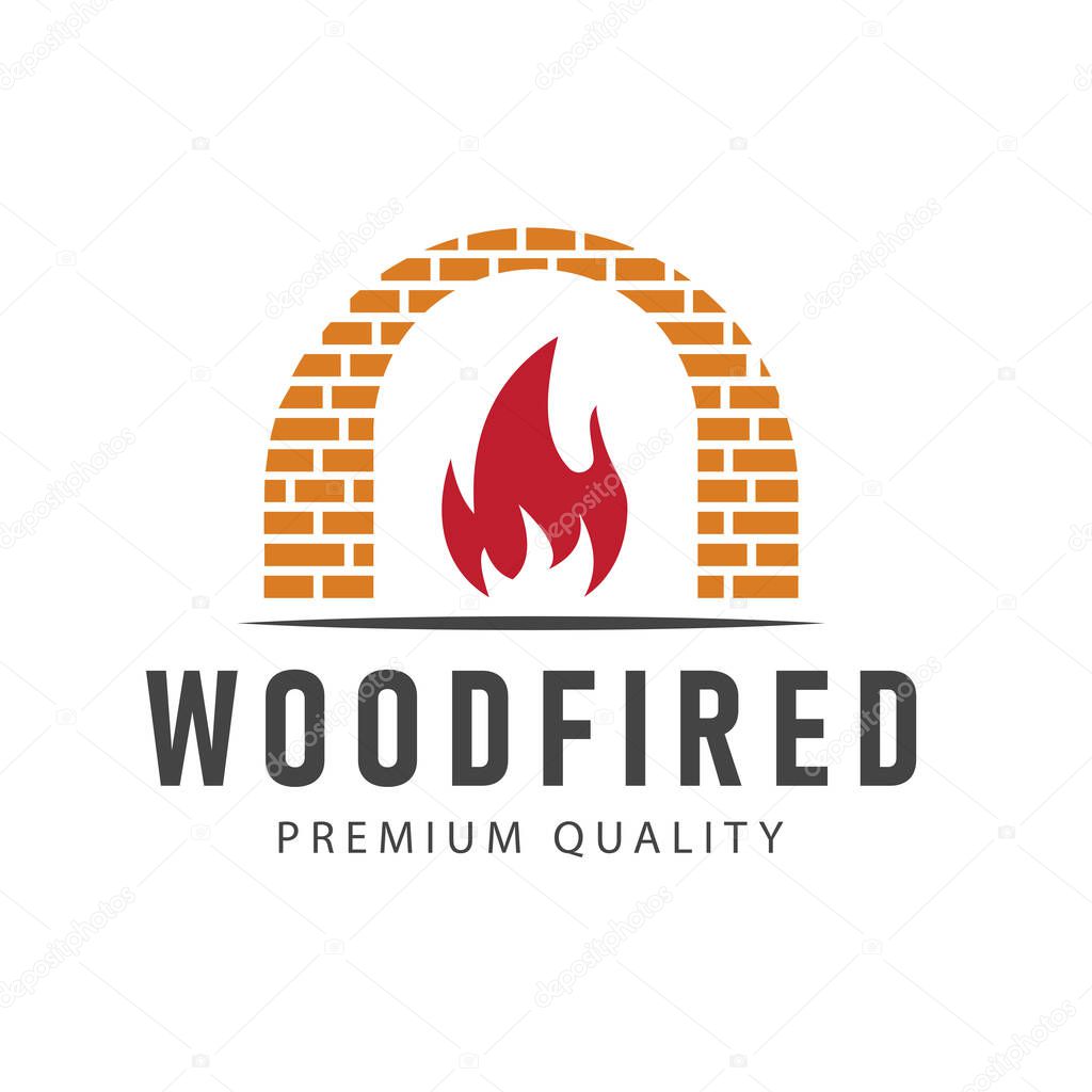 This vector illustration logo design features a silhouette of a pizza oven with a burning fire, creating a warm look, perfect for a restaurant brand, pizzeria, or culinary business.