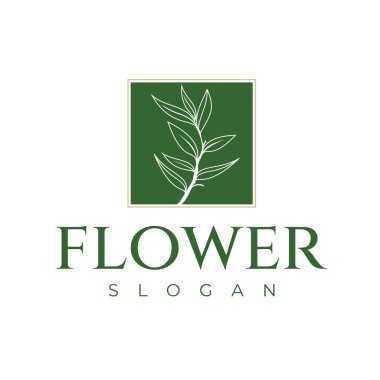 Yeşil Dikdörtgen Çerçeve Altın Çizgili Botanik Çiçek Logosu Tasarımı. Modern Vintage Vektör Satır Tasarım Şablonu