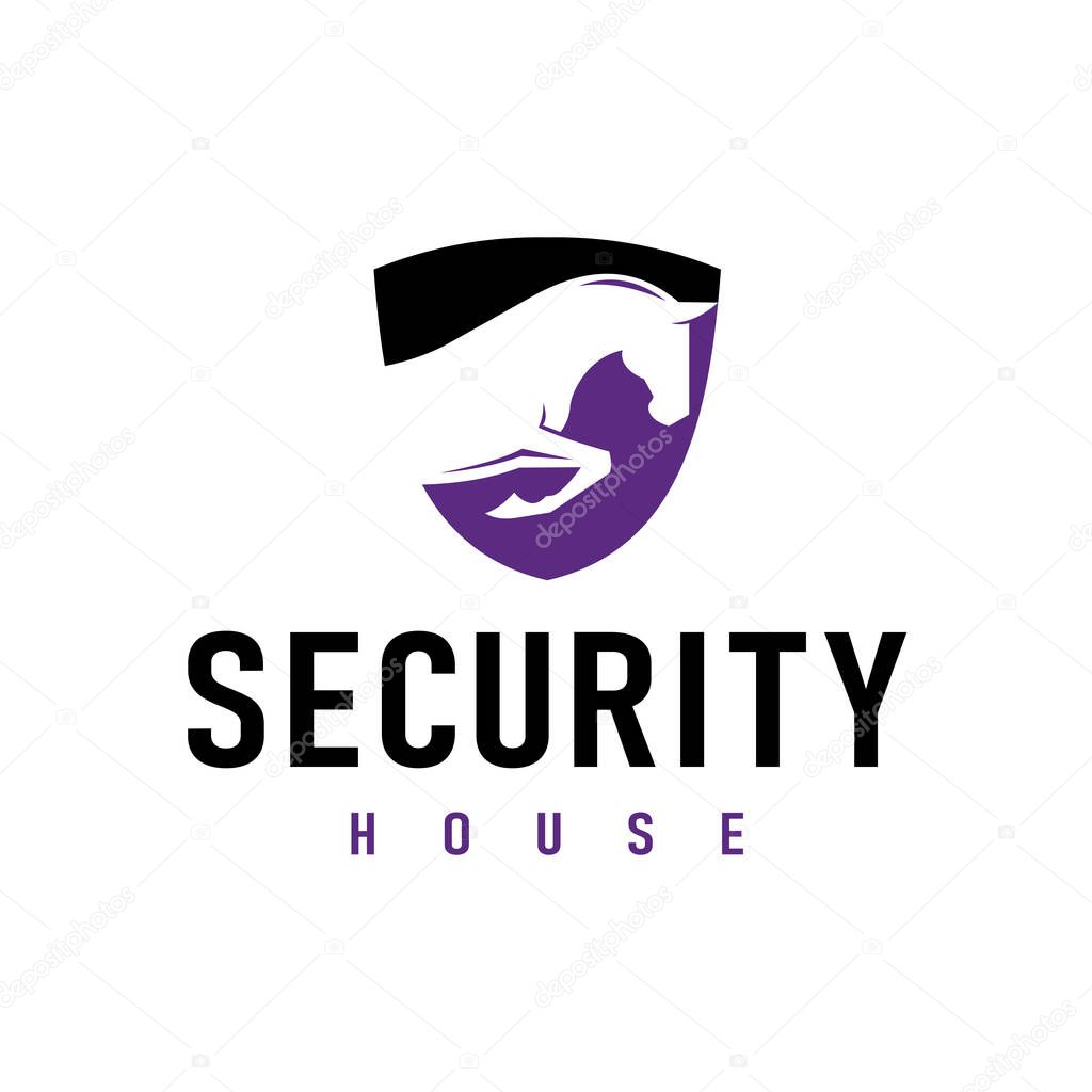 Shield with Simple Jumping Horse Silhouette for Security or Defense logo design