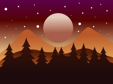 Kırmızı, Turuncu ve Mor Renk Paleti ile Minimalist Düz Stil Vektör İllüstrasyonu, Karanlık Çam Ormanı, Siluetli Dağlar ve Yıldızlı Alacakaranlık Gökyüzündeki Büyük Dolunay.