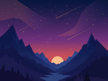 Gün batımında, yıldızlı bir gece gökyüzü ve kayan yıldızlarla bir dağ vadisinin minimalist temsili. Doğa temalı posterler, duvar kağıtları, macera eserleri ve seyahat tasarımları için mükemmel..