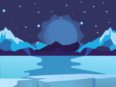 Geceleri Karlı Dağlarla Donmuş Göl 'ün Minimalist Vektör İlülasyonu. Yıldızlar gökyüzünde parlıyor, sakin, soğuk ve kış doğası manzarası yaratıyor..