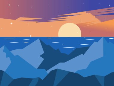 Temiz geometrik şekillere sahip yassı minimalist vektör çizimleri mavi bir denizin üzerinde büyük bir günbatımını ön planda keskin buzdağlarını ve parlak yıldızlı turuncudan mor gradyan gökyüzünü tasvir ediyor..
