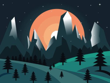 Minimalist Düz Tarzlı Orange Sunset ve Pine Forest Dağları Gece Görünümü