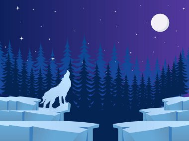 Buz gibi bir uçurumda uluyan beyaz bir kurt, koyu mavi çam ormanı arka planında uluyan ve dolunay ve ışıldayan yıldızlarla dolu mor gece gökyüzü içeren minimalist düz vektör çizimi..