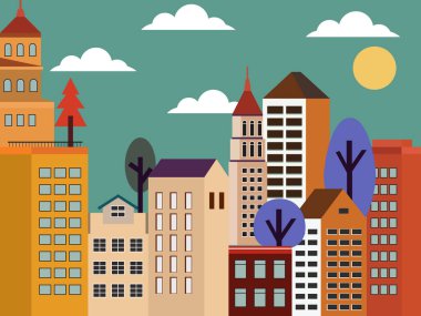 Düz Minimalist Vektör İllüstrasyon Toprak Ton Modern Şehir Geometrik Binalar ve Ağaçlar ile Skyline