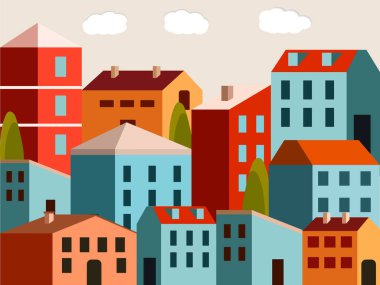 Basit Ağaçlarla Renkli Şehir Binalarının Düz Vektör İllüstrasyonu