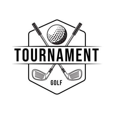 Eski Golf Turnuvası Logosu Çapraz Kulüpler ve Golf Topuyla Retro Shield Amblemi