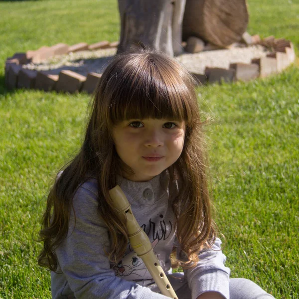Зображення Чарівної Усміхненої Дівчинки Сидить Газоні Тримає Флейту Освітні Ігри — стокове фото