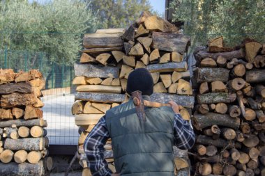 Arkadan bir oduncunun resmi, omzunda baltayla, taze kesilmiş odunları gözlemliyor. Kışın ısınması için odun stoğu.. 