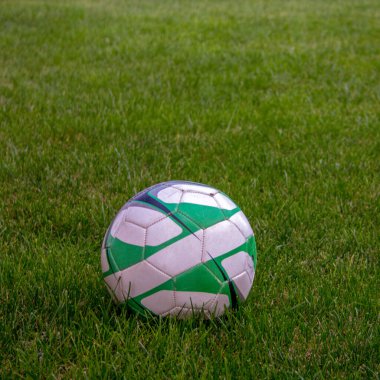 Yeşil çimenlikteki bir futbol topu. Açık hava oyunları.