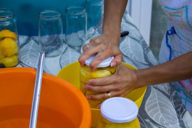 Konserve şeftali konservesi hazırlayan bir kadının elleri. Ev yapımı tarif.