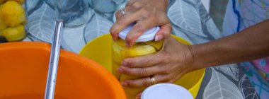 Konserve şeftali konservesi hazırlayan bir kadının elleri. Ev yapımı tarif. Yatay Pankart 