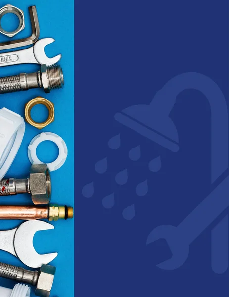Image of plumbing tools with empty space on the right where you can insert images or texts.