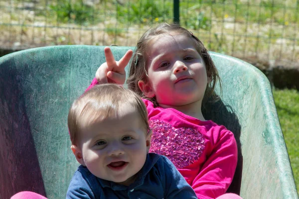 Imagem Duas Crianças Sorridentes Adoráveis Segurando Outro Dentro Carrinho Mão — Fotografia de Stock