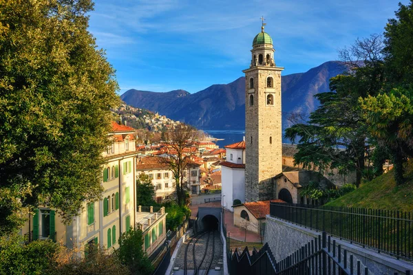 Kota Lugano Pemandangan Katedral Danau Lugano Dan Sekitarnya Pegunungan Alpen — Stok Foto