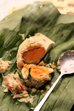 Pepes Telur Asin is an Indonesian Food Made from Salted Egg Mixture of Spices, Basil Leaves, and Coconut Milk. Wrapped with Banana Leaf and Steamed