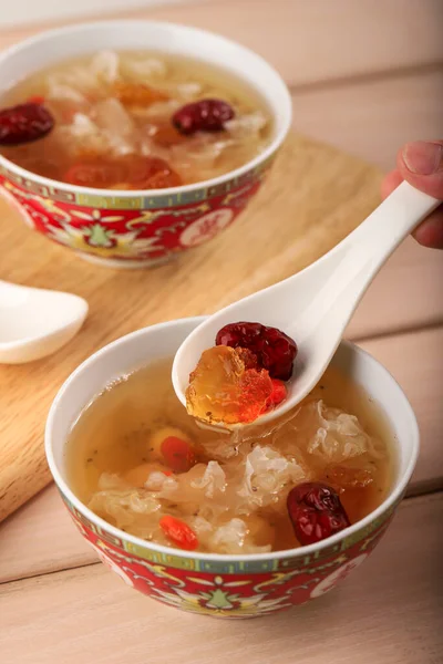 Selected Focus Peach Gum Triple Collagen Dessert, Chinese Traditional Refreshment Beverages Contains Peach Gum, Bird Nest, Red Dates, Snow Fungus, Goji Berry, Pandan Leaves, and Rock Sugar.