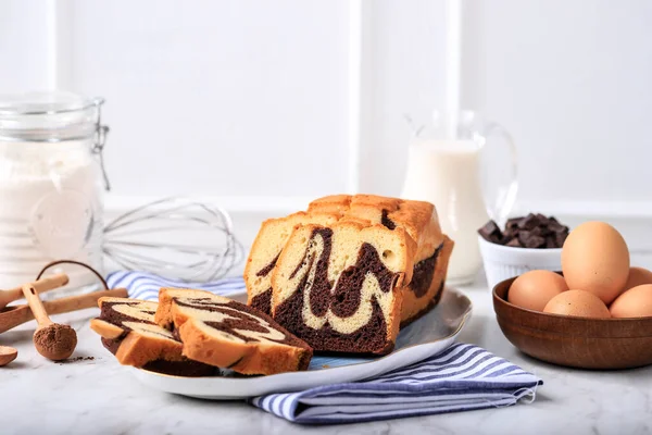 Homemade Chocolate Vanilla Marble Loaf Cake Sliced Served Tea Coffe — Fotografia de Stock
