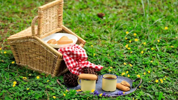 Picnic Basket with Fruit and Bakery on Old Rustic Wooden Table with Green Scenery