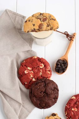 Red Velvet and White Chocolate Chip Cookies, Soft Cookie, Served with Milk. COncept White Bakery 