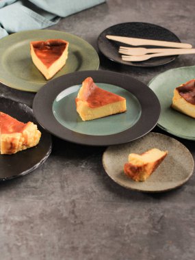 Selected Focus of Spanish Dessert, Slice Basque Burnt Cheese Cake. Copy Space for Text