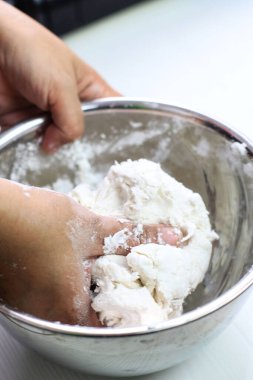 Kneading or Preparing White Dough from Starch Flour, Baking Process on Stainless Bowl, Making Cenil, Indonesian Traditional Snack
